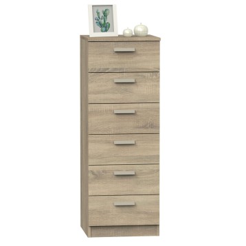 Cómoda vertical con 6 cajones en madera clara y tirador metálico plateado. Vista frontal completa