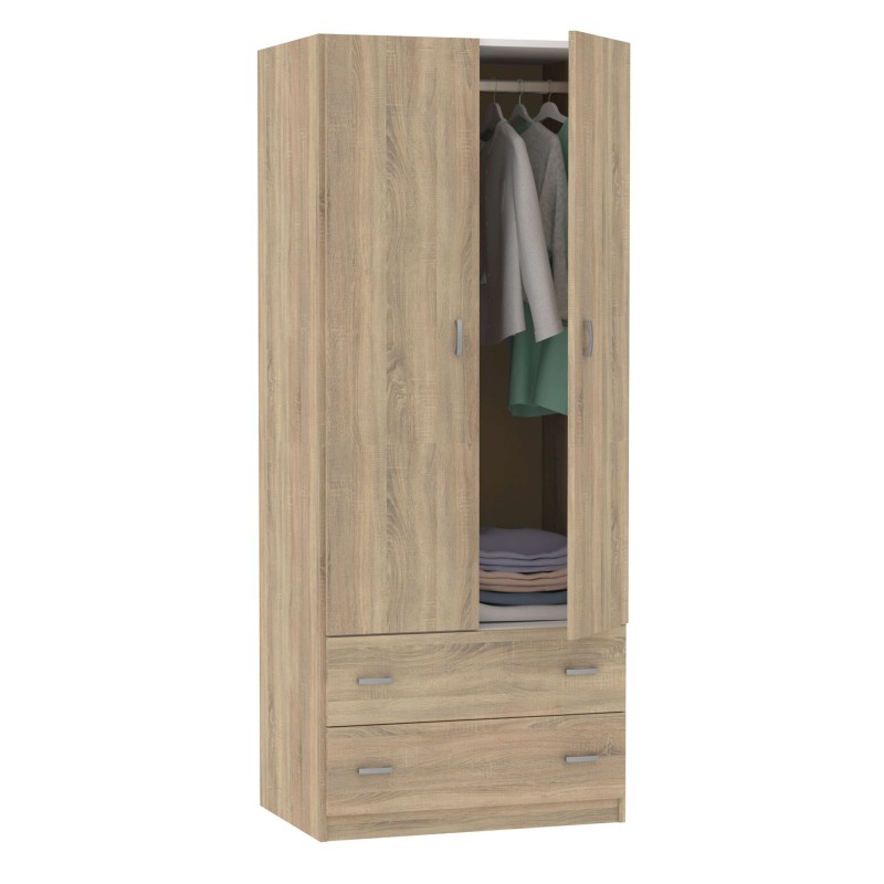 Armario de madera clara con puertas abatibles y dos cajones inferiores mostrando interior con ropa colgada y plegada
