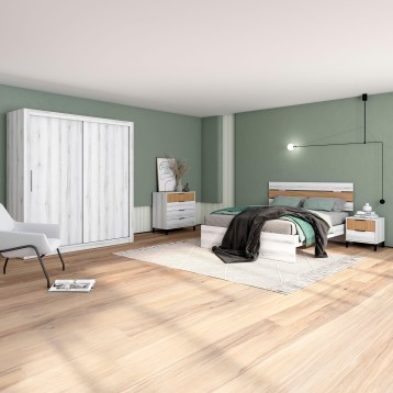 Dormitorio completo con cama blanca y detalles madera y verde en ambiente moderno