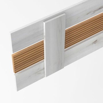 Cabecero de cama con estructura blanca y listones de madera natural vista en detalle constructivo