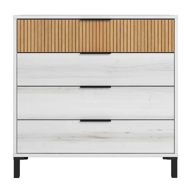 Cómoda de madera blanca con frente de lamas naturales y tres cajones con asas negras