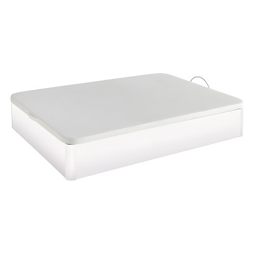 Canapé abatible blanco con tapa acolchada gris y asas metálicas laterales