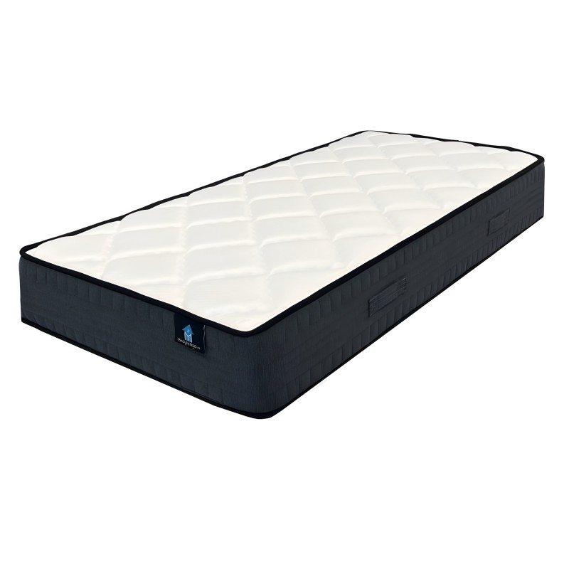 Colchón individual con funda blanca acolchada y base negra con diseño textil y etiqueta de marca