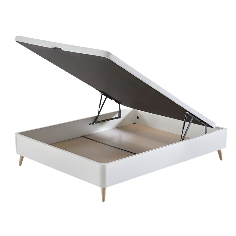 Canapé abatible blanco con estructura de madera y tapa negra abierta mostrando espacio de almacenaje interior