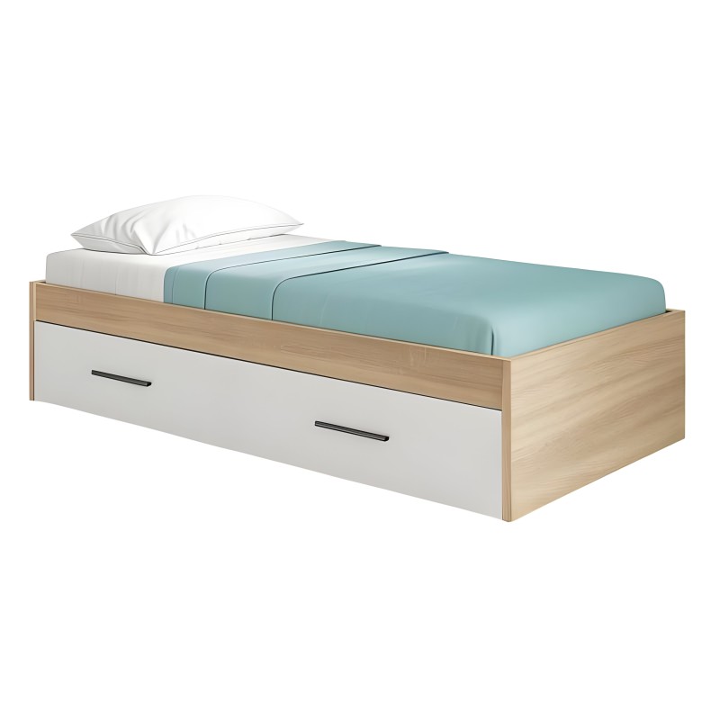 Cama individual con base de madera clara y cajones blancos inferiores incluye ropa de cama azul y almohada blanca