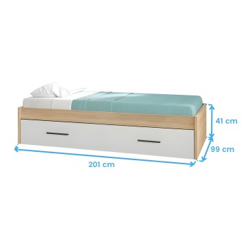 Cama individual con cajón de almacenaje en madera natural y blanco con colchón y ropa de cama verde agua