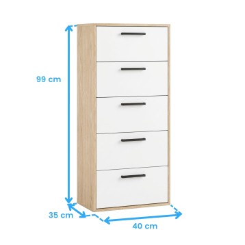 Cómoda de 5 cajones blanca y madera natural con tiradores negros vista frontal y medidas