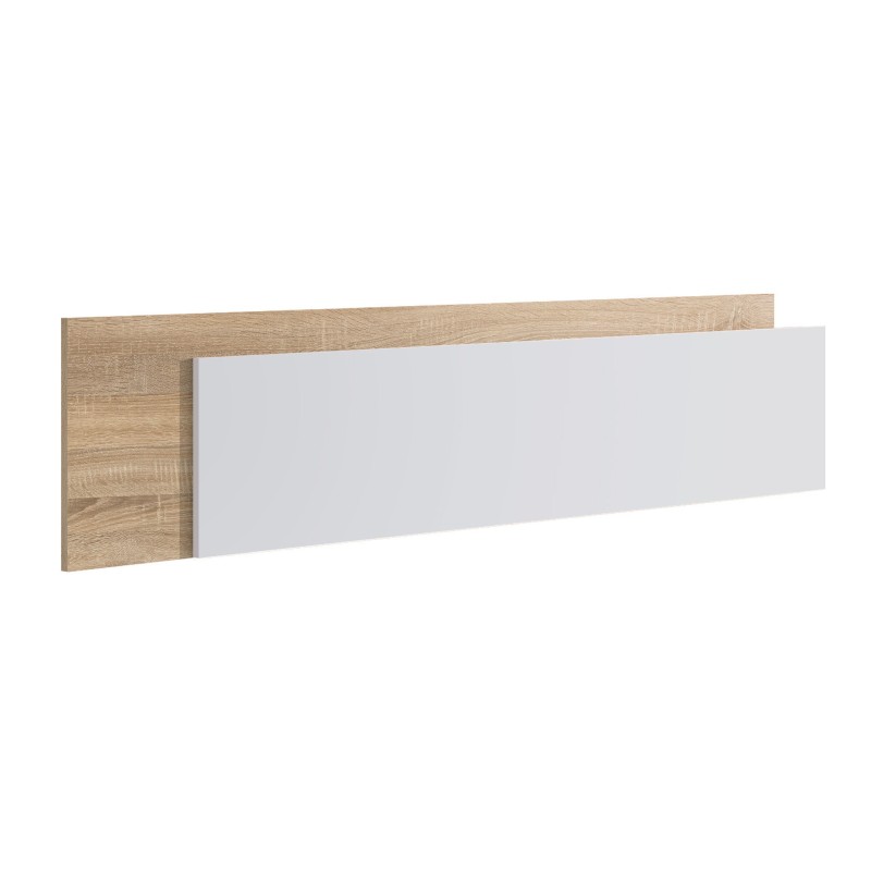 Cabecero de cama con panel blanco y estructura de madera clara vista frontal