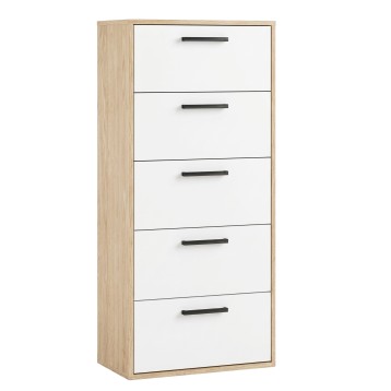 Cómoda de madera natural y blanco con cinco cajones y tiradores negros en vista frontal