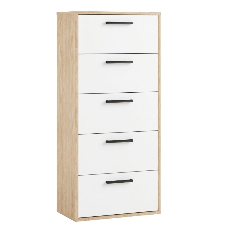 Cómoda de madera natural y blanco con cinco cajones y tiradores negros en vista frontal