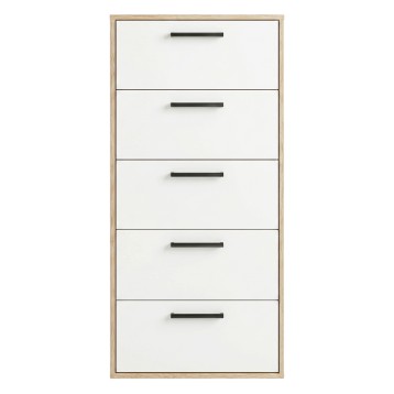 Cómoda de cinco cajones blanca y madera natural con tirador negro frontal
