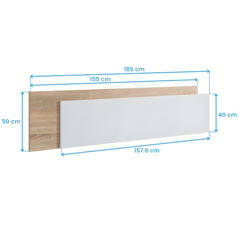 Cama con cabecero de madera natural y panel blanco vista de dimensiones técnicas