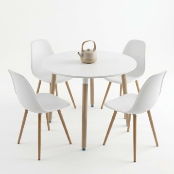 Conjunto de comedor redondo blanco con cuatro sillas y patas de madera natural