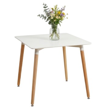 Mesa cuadrada con tablero blanco y patas de madera natural estilo escandinavo