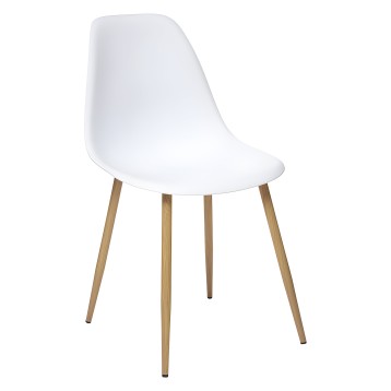 Silla moderna de asiento blanco y patas de madera natural con diseño nórdico minimalista