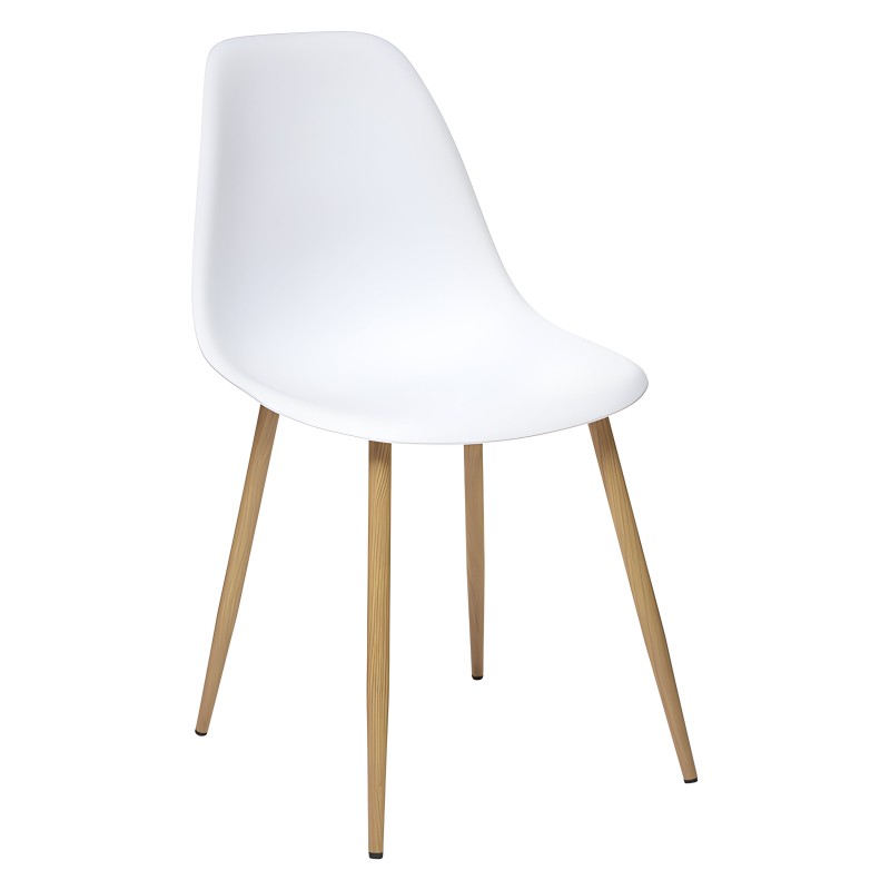 Silla moderna de asiento blanco y patas de madera natural con diseño nórdico minimalista