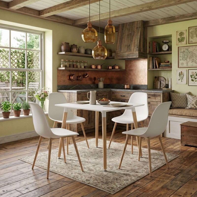 Comedor con mesa blanca rectangular y cuatro sillas blancas con patas de madera en ambiente de cocina rústica