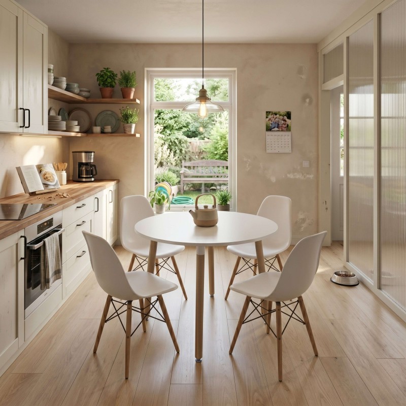 Mesa comedor redonda blanca con patas madera y cuatro sillas blancas estilo nórdico en cocina