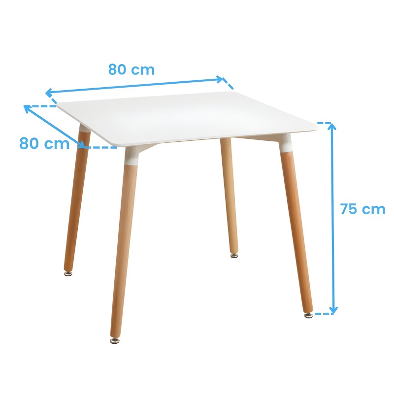 Mesa cuadrada blanca con patas de madera y remates metálicos vista frontal con medidas
