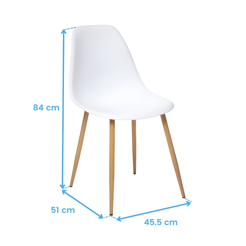 Silla con asiento blanco moldeado y patas de madera natural estilo nórdico vista frontal con medidas