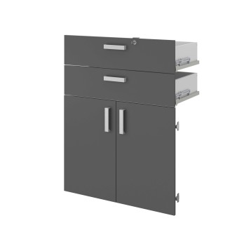 Mueble auxiliar gris antracita con dos cajones y armario inferior con puertas abatibles y tiradores metálicos