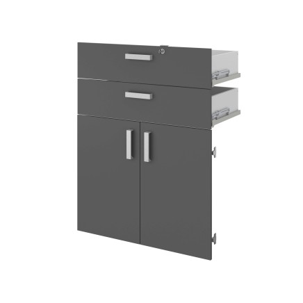 Mueble auxiliar gris antracita con dos cajones y armario inferior con puertas abatibles y tiradores metálicos
