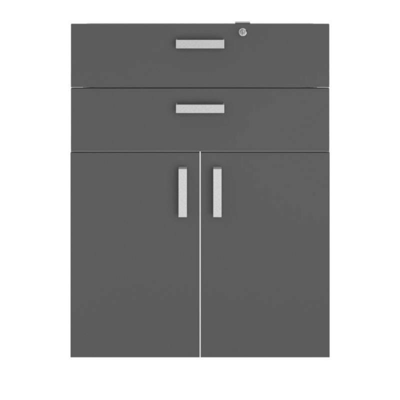 Mueble auxiliar gris antracita con dos puertas y dos cajones superiores con tiradores plateados