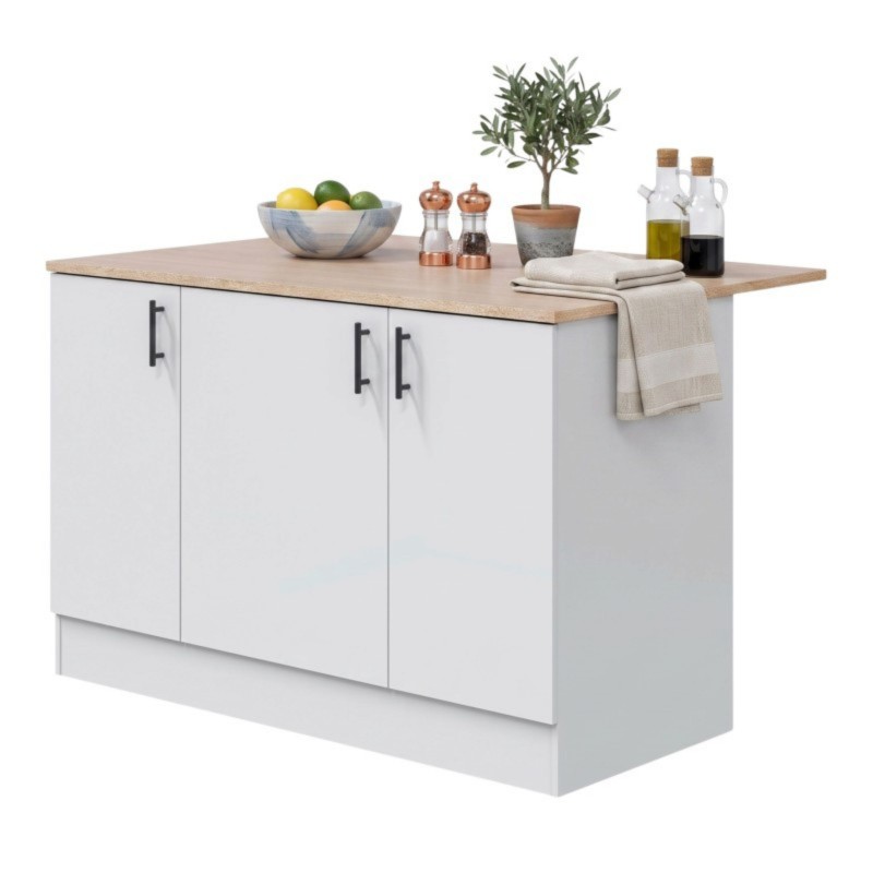 Mueble auxiliar de cocina blanco con tres puertas, tiradores negros y encimera efecto madera.