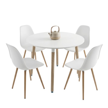 Conjunto de comedor redondo blanco con cuatro sillas y patas de madera natural