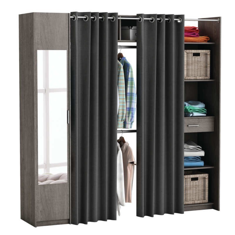Kit armario extensible o vestidor con cortina y con espejo roble prata Kit armario extensible o vestidor con cortina y con espejo roble prata