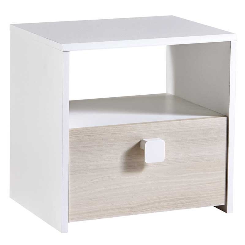 Mesita noche 1 cajon Game color blanco y acacia Mesita noche 1 cajon Game color blanco y acacia