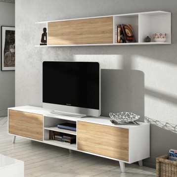Mueble TV 180cm Zaiken blanco y color madera roble salón