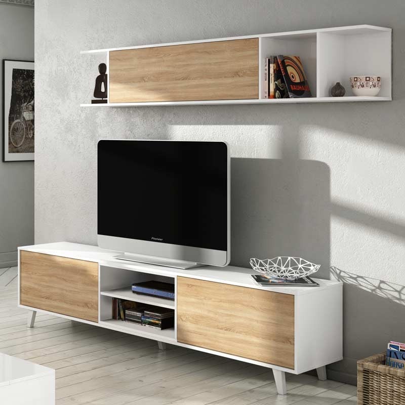 Mueble TV Zaiken blanco y color madera roble salón 180CM