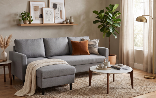 Sofá gris con reposapiés a juego en salón moderno, mesa de centro redonda, alfombra beige, planta de interior y decoración contemporánea.