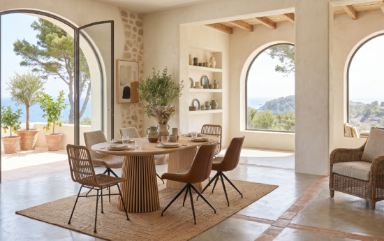 Mesa de comedor redonda de roble con pata central y sillas de ratán y piel marrón en salón mediterráneo