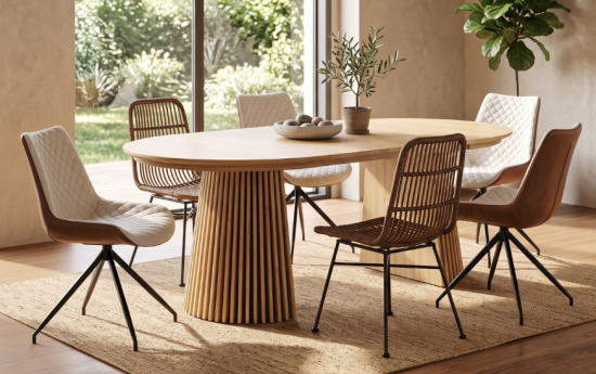 Mesa de comedor redonda de madera con seis sillas de diferentes estilos en comedor moderno y luminoso