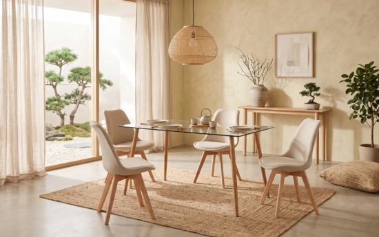Mesa de comedor con sobre de cristal y cuatro sillas beige en comedor de estilo natural y minimalista