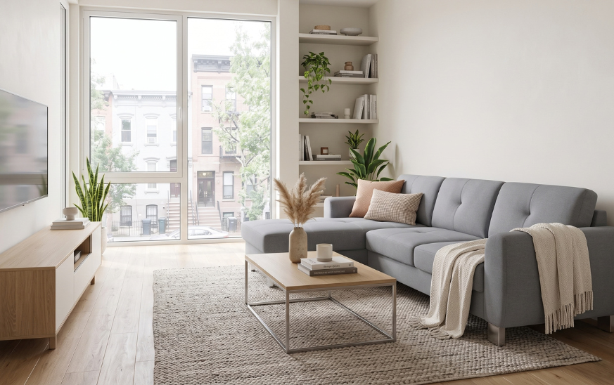 Sofá chaise longue gris en un salón moderno con mesa de centro