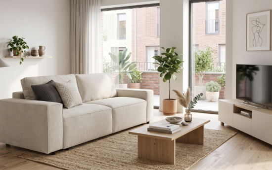 Sofá lineal de tres plazas beige en un salón pequeño y luminoso