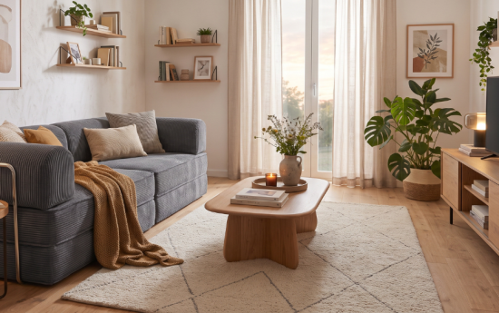 Salón moderno con sofá gris de dos plazas, plantas y muebles de madera