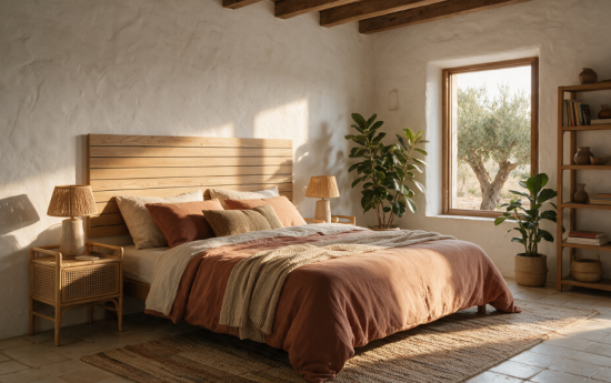 Dormitorio rústico mediterráneo con cabecero Camila de lamas en roble gold, ropa de cama terracota y ficus junto a la ventana