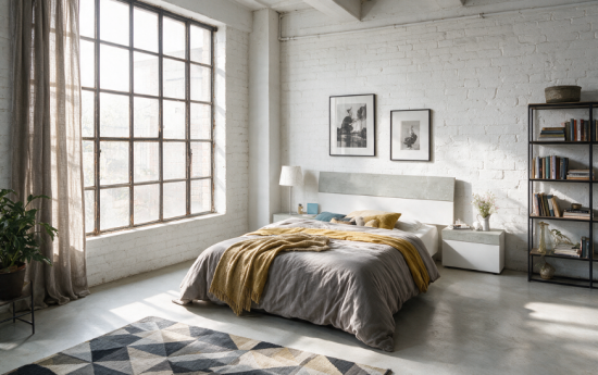 Dormitorio estilo loft con cabezal y 2 mesitas en blanco y cemento, pared de ladrillo blanco y ropa de cama gris y mostaza