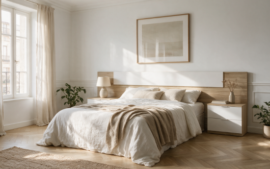 Dormitorio luminoso con cabecero y 2 mesitas en roble canadian y blanco, cama con lino blanco y alfombra de yute