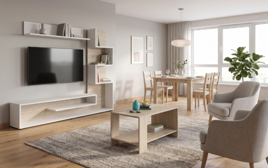 Una sala de estar moderna y luminosa que incluye un centro de entretenimiento blanco y de madera clara, una mesa de café y un juego de comedor.
