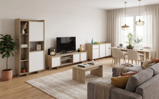 Vista general de un salón de diseño nórdico con muebles de madera clara y blanco, sofá gris y zona de comedor luminosa